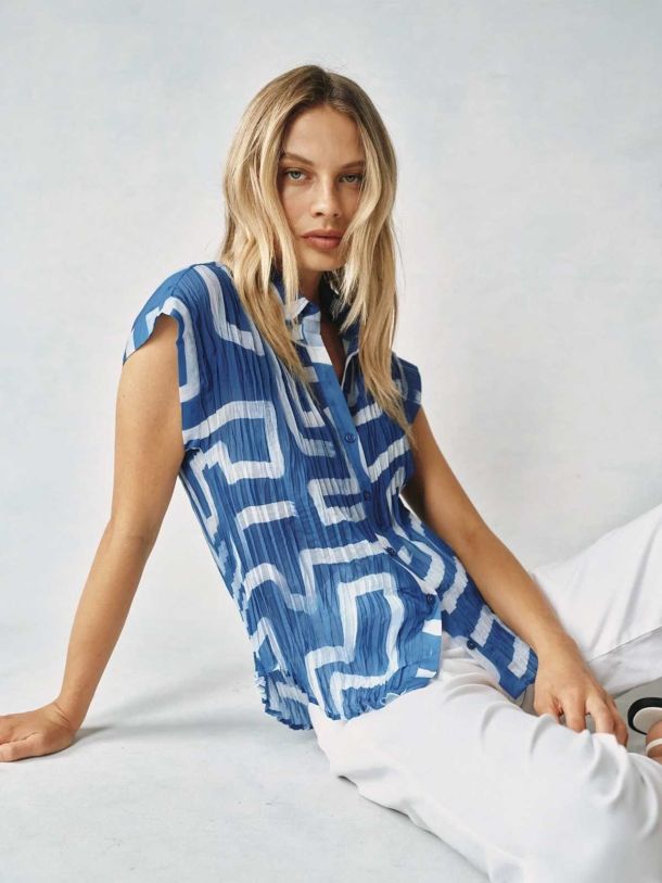 Coastal Line Print Pleated Roll Down Top
