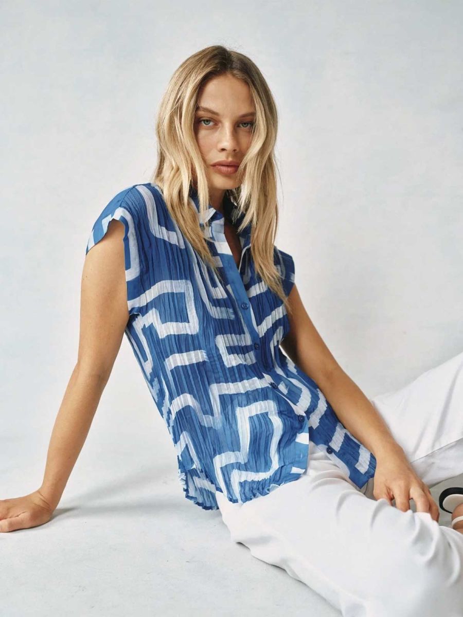 Coastal Line Print Pleated Roll Down Top
