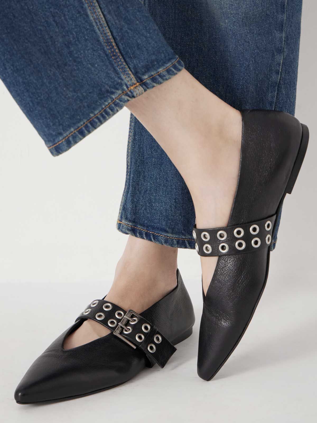 Buckled Leather Ballerina Flats