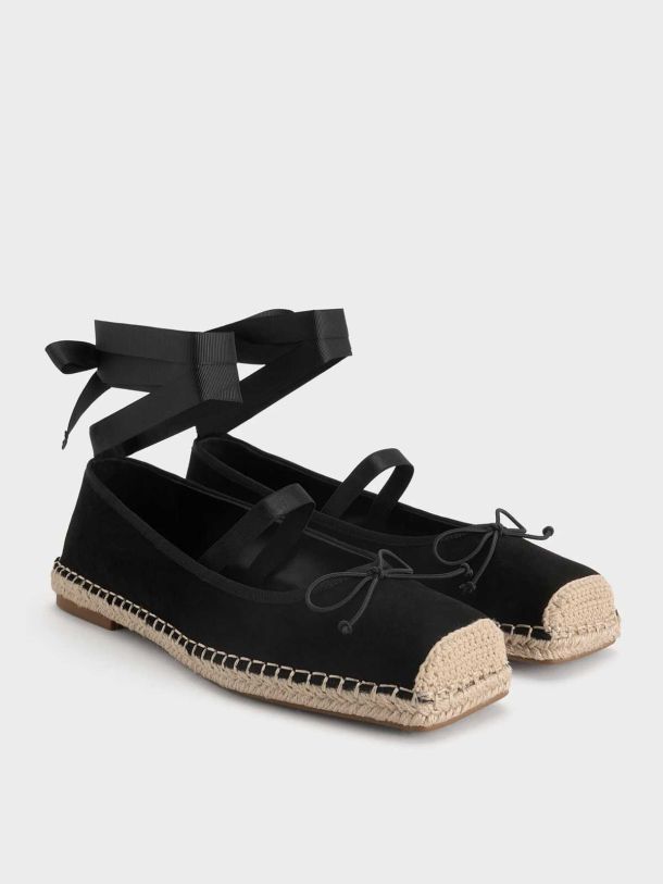 Faux Suede Bow Tie-Around Espadrille Ballet Flats
