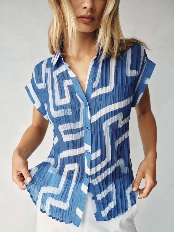 Coastal Line Print Pleated Roll Down Top