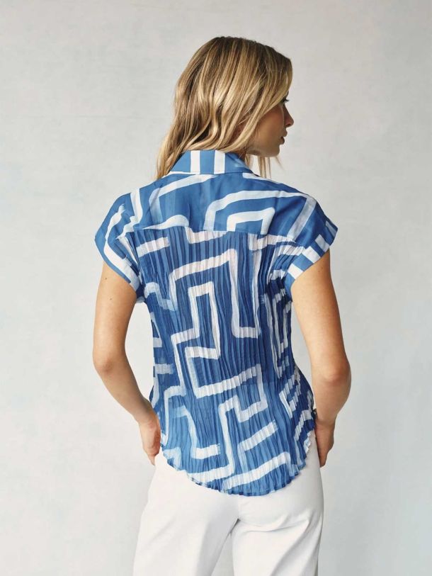 Coastal Line Print Pleated Roll Down Top